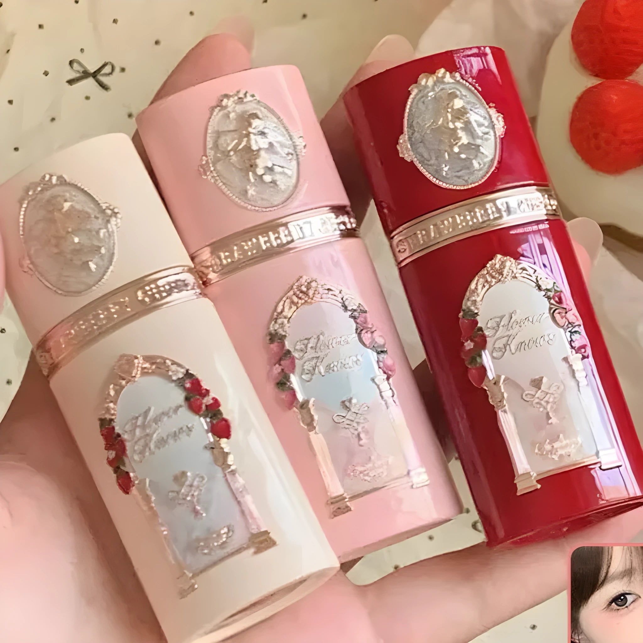 Strawberry Cupid Series Liquid Blush in one of six shades, shown on a hand or with swatches.