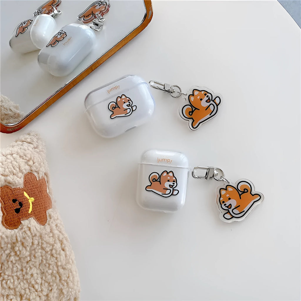 Transparent silicone headphone cover with jumping Shiba Inu pendant for AirPods Pro and AirPods 3