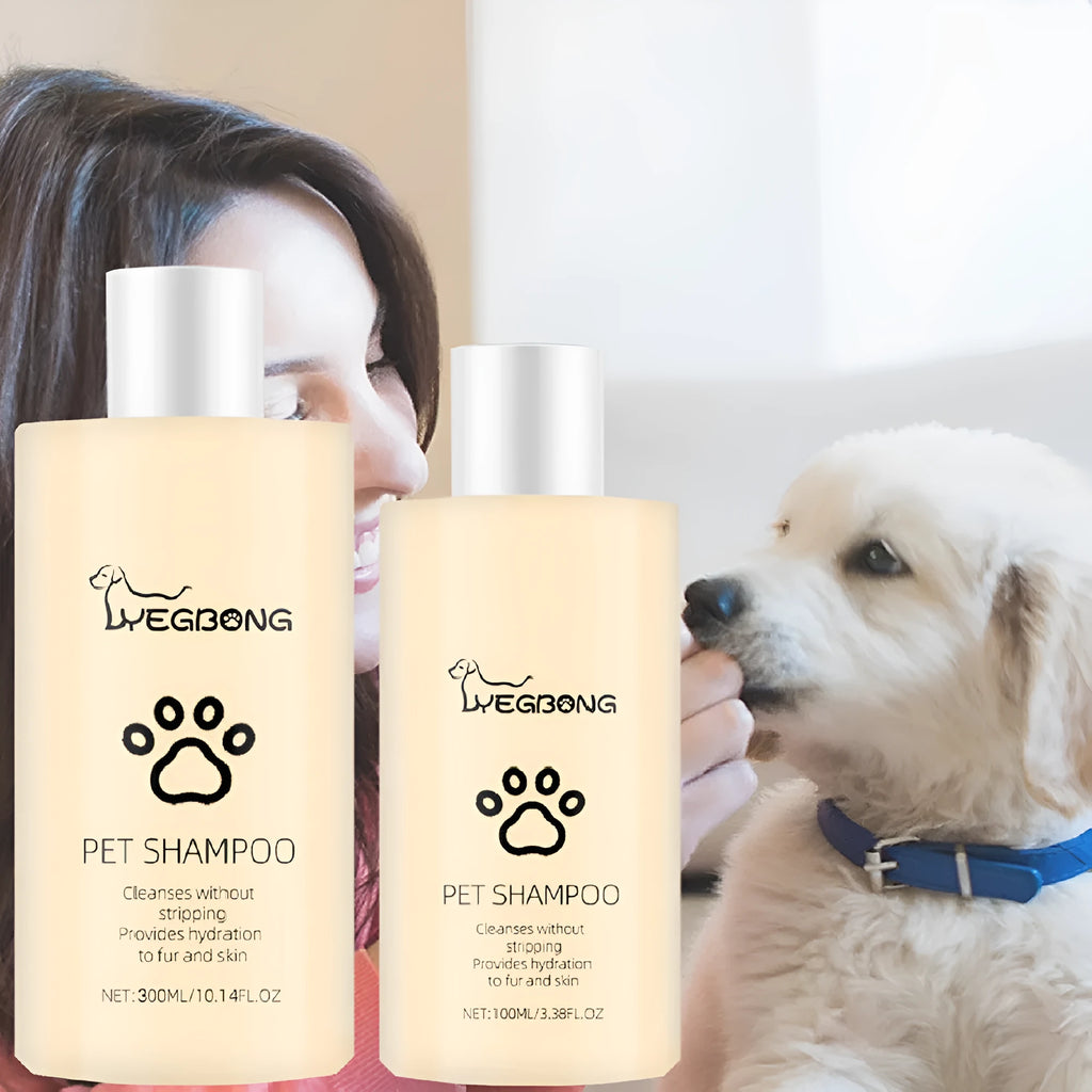 A bottle of mild pet shampoo for dogs and cats, available in 100ml and 300ml sizes.