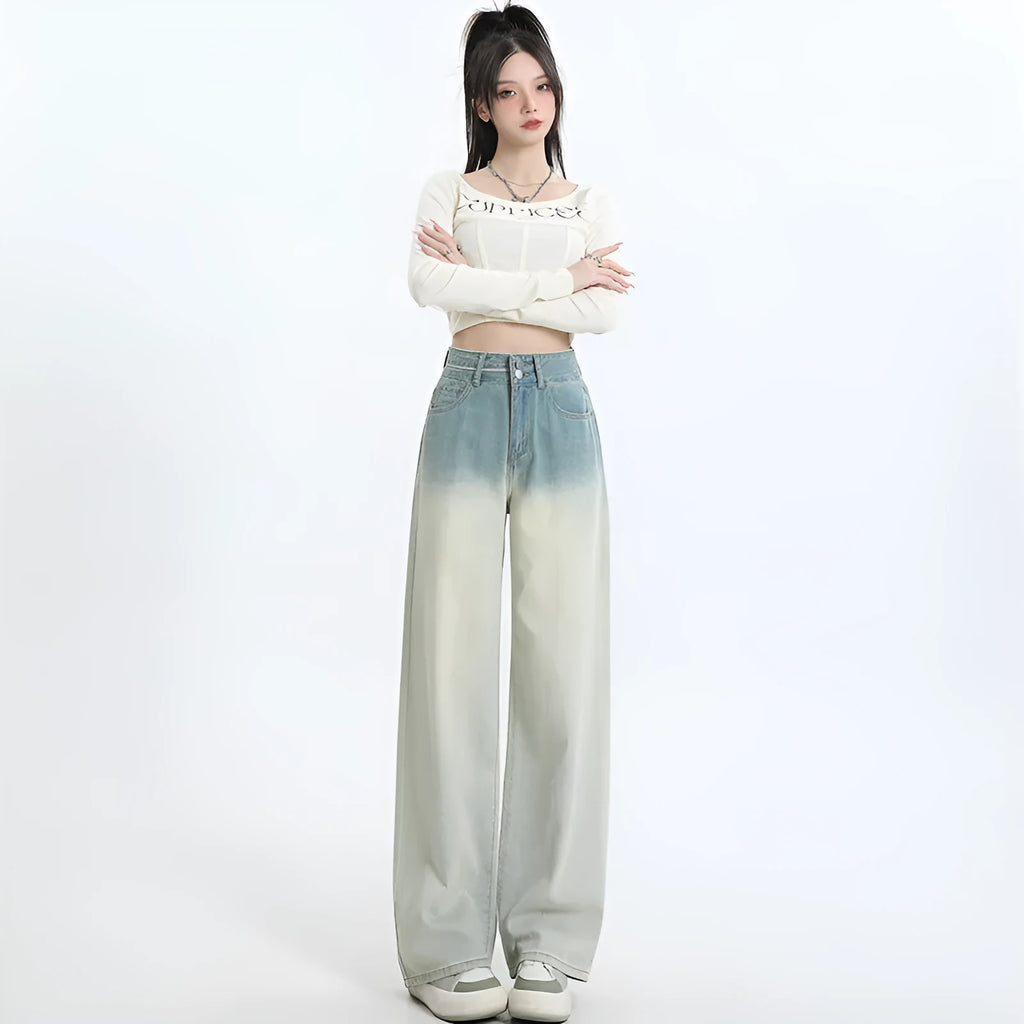 Women's gradient blue straight-leg denim trousers with wide leg silhouette on hanger