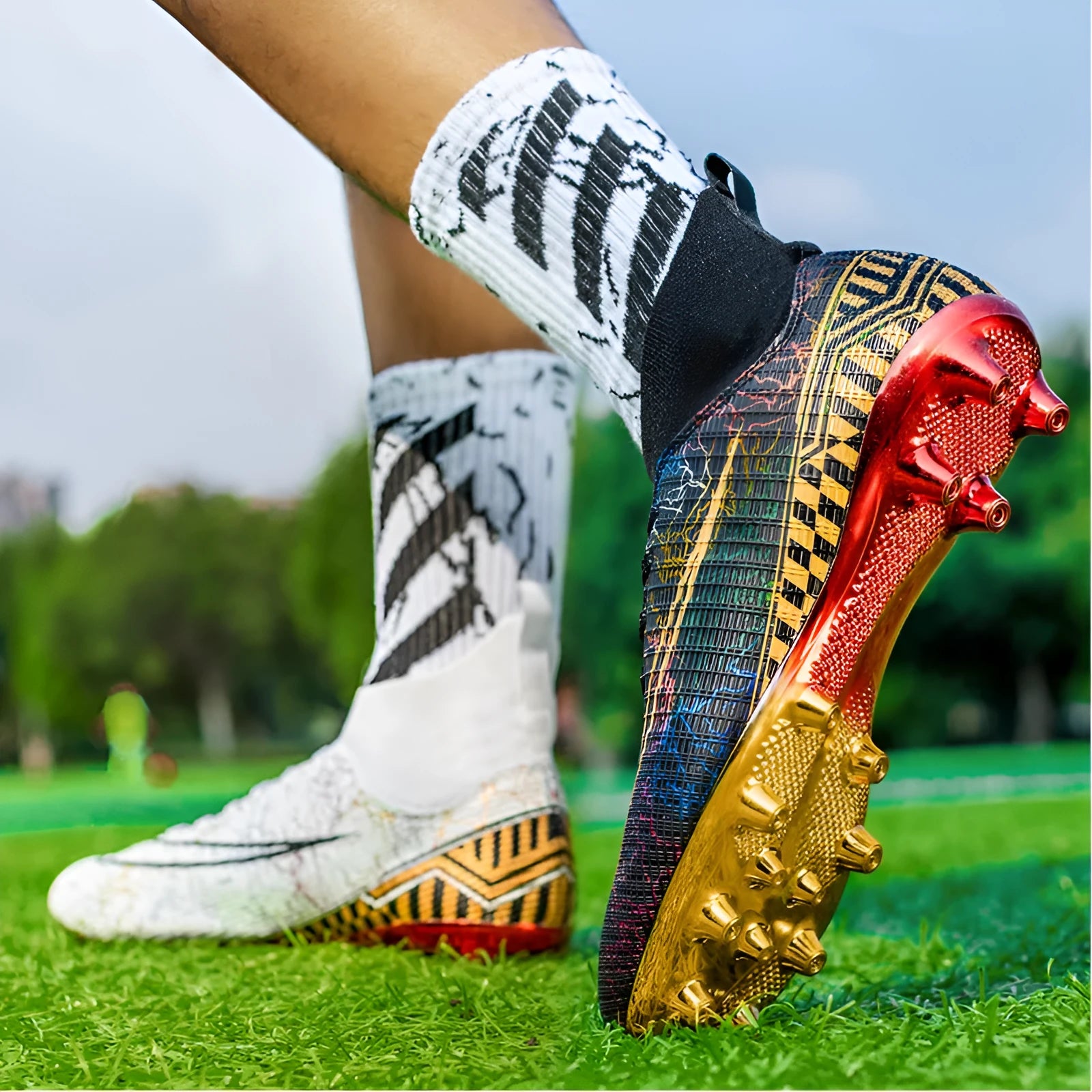 Men's high-top football training shoes with a gold-plated sole on an artificial grass surface