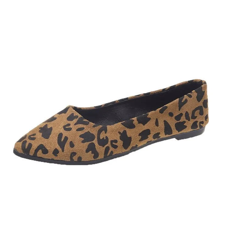 Women's leopard print flat pumps with pointed toe and low heel in three colour options