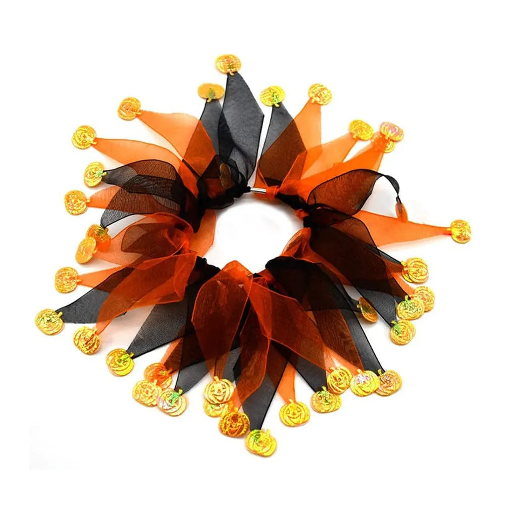 Colourful tie-dye dog collar in green, blue, Halloween, and Christmas styles on a white background.