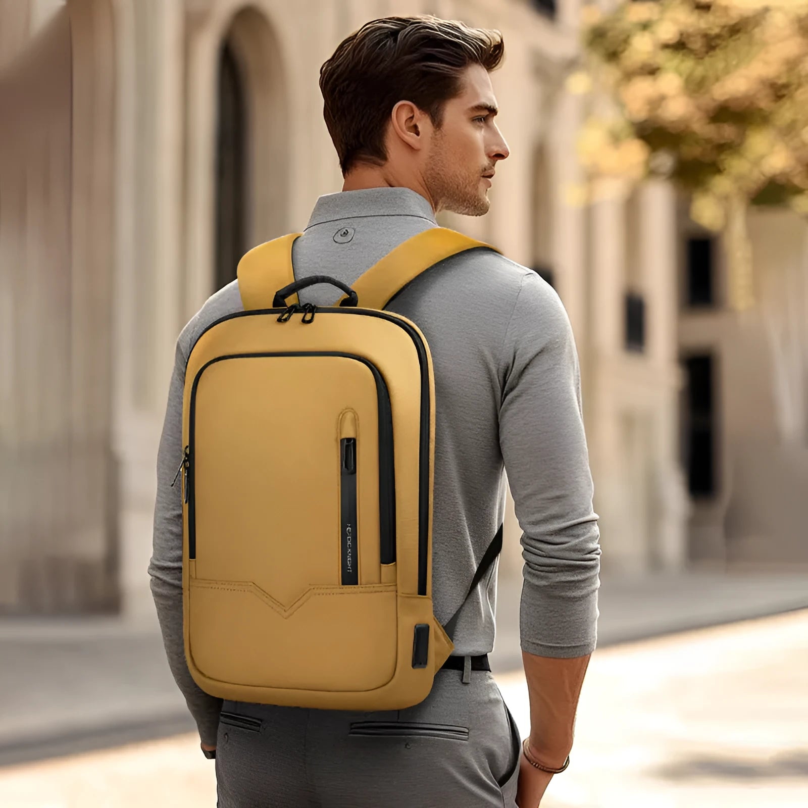 Solid colour polyester laptop backpack with USB charging port shown in olive green.