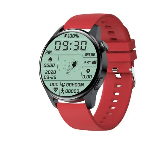 Smart watch with round colour display on a black silicone strap, showing heart rate data on screen.