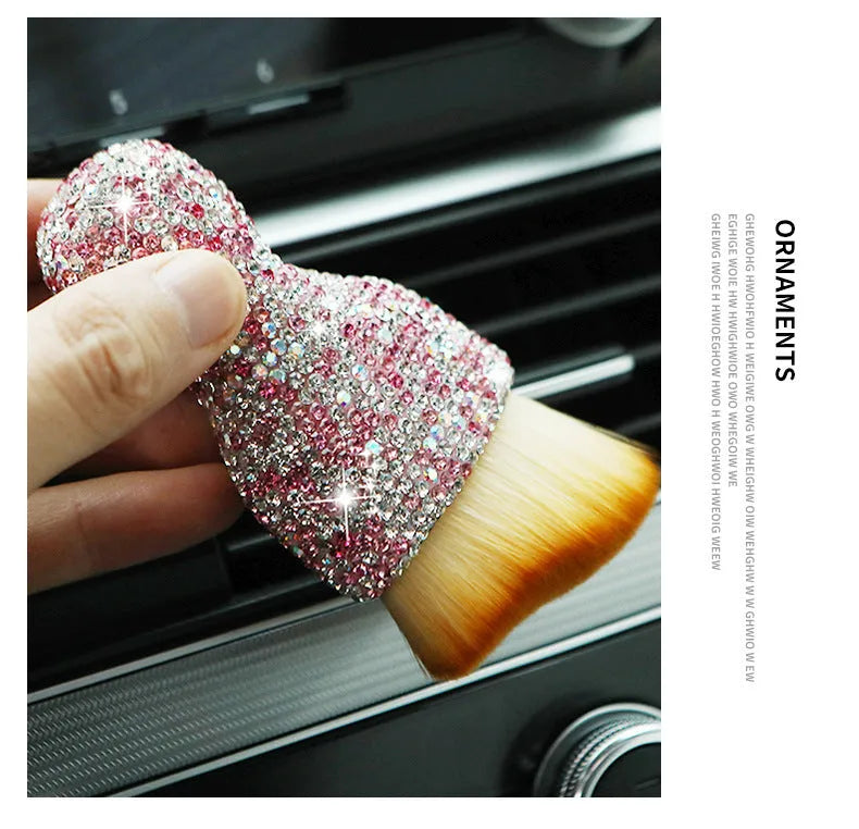 Car interior cleaning brush with soft PVC bristles, shown in white, pink, and black colour options
