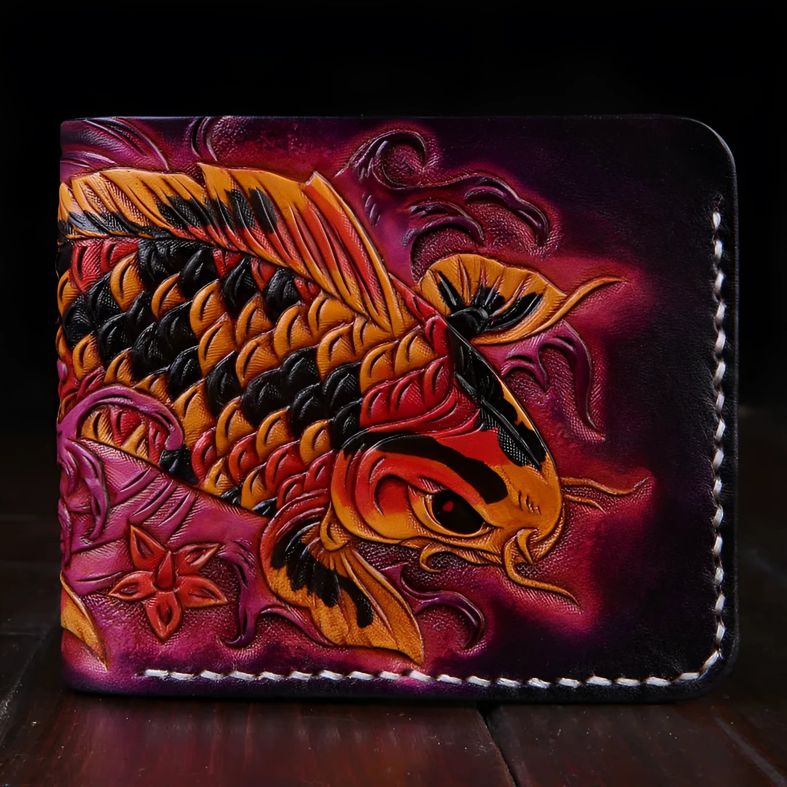 Men's carved leather short wallet showing open design and compact 10x12cm dimensions