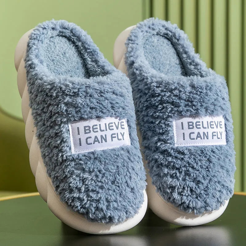 Warm plush slippers with faux fur lining and PVC sole in brown, a unisex home shoe for winter