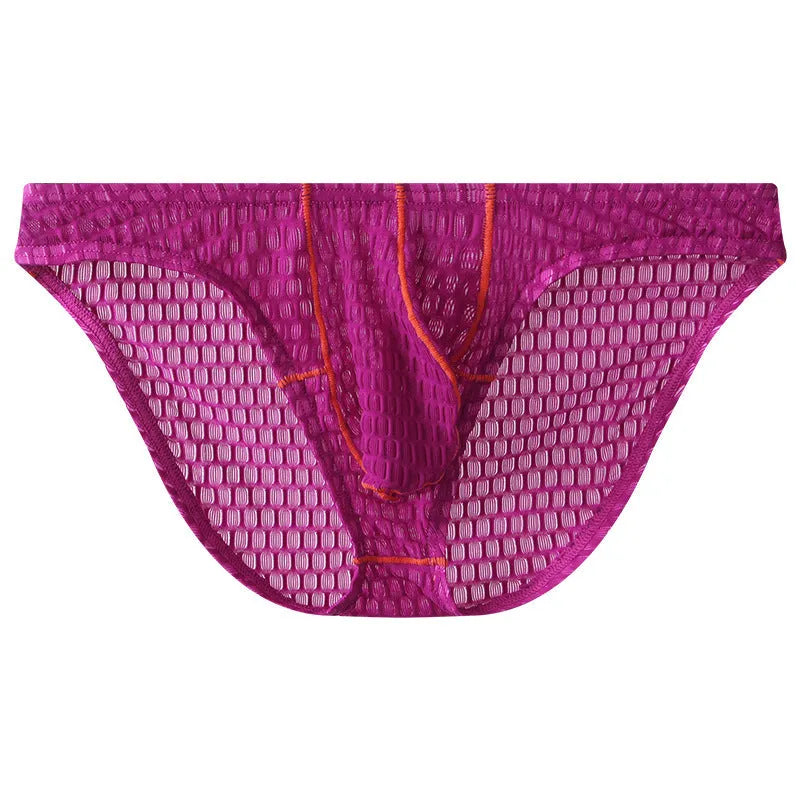 Men's low-waist lace briefs in ice silk fabric on a white background, shown in green colour.