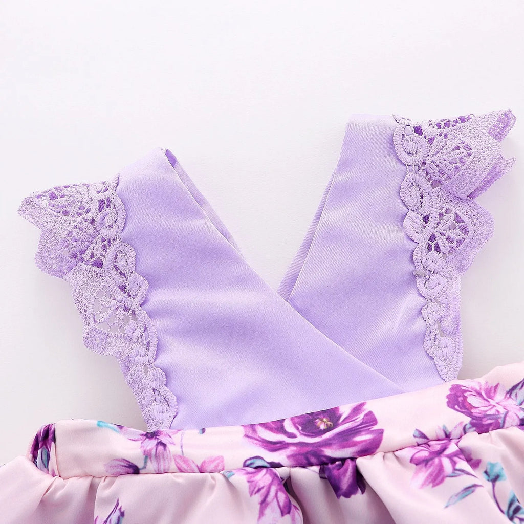 Girls summer princess dress in Korean style, sleeveless, cotton fabric with flower print, available in violet for toddlers 70-100cm height