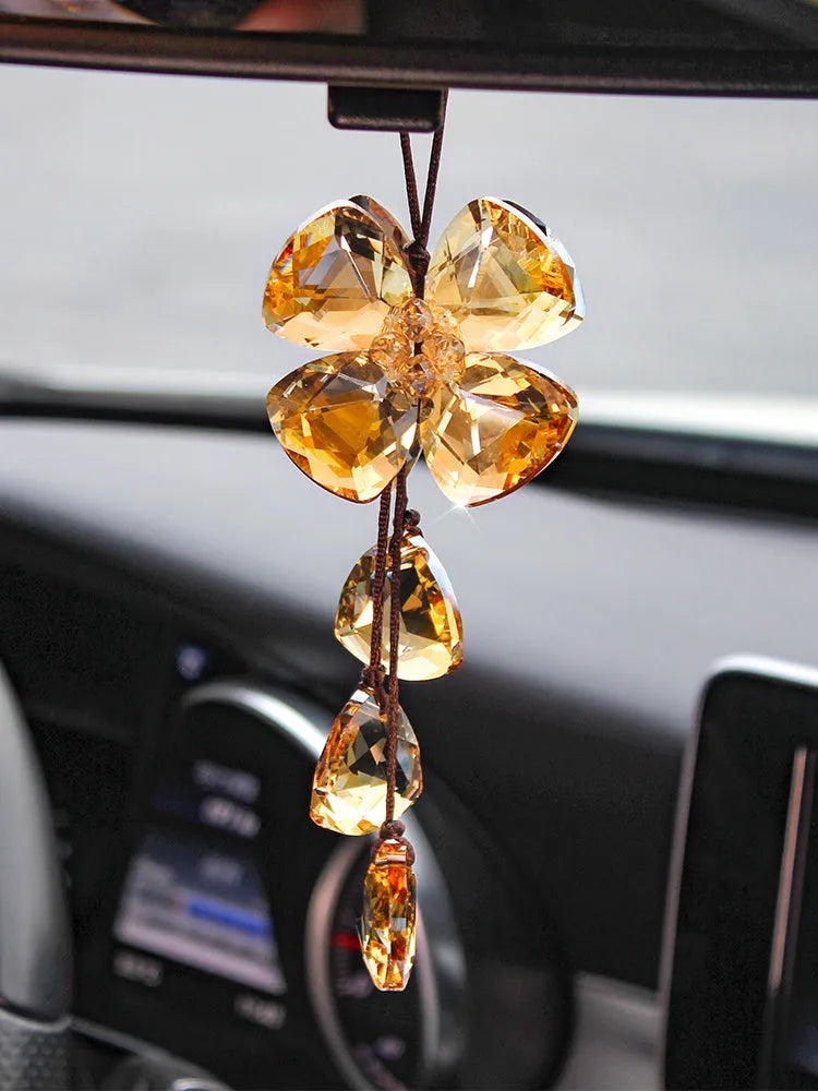 Crystal four leaf clover car pendant decoration approximately 20cm in transparent, champagne, black or shiny finish