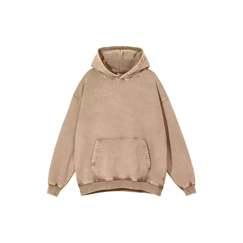 Men's retro washed loose fit cotton batik drop-shoulder pullover sweater in washing hooded brown on white background