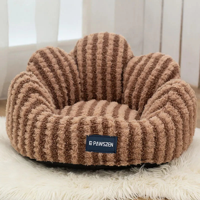 Thickened cloth cat nest in brown striped flower pattern, large size, on a white background