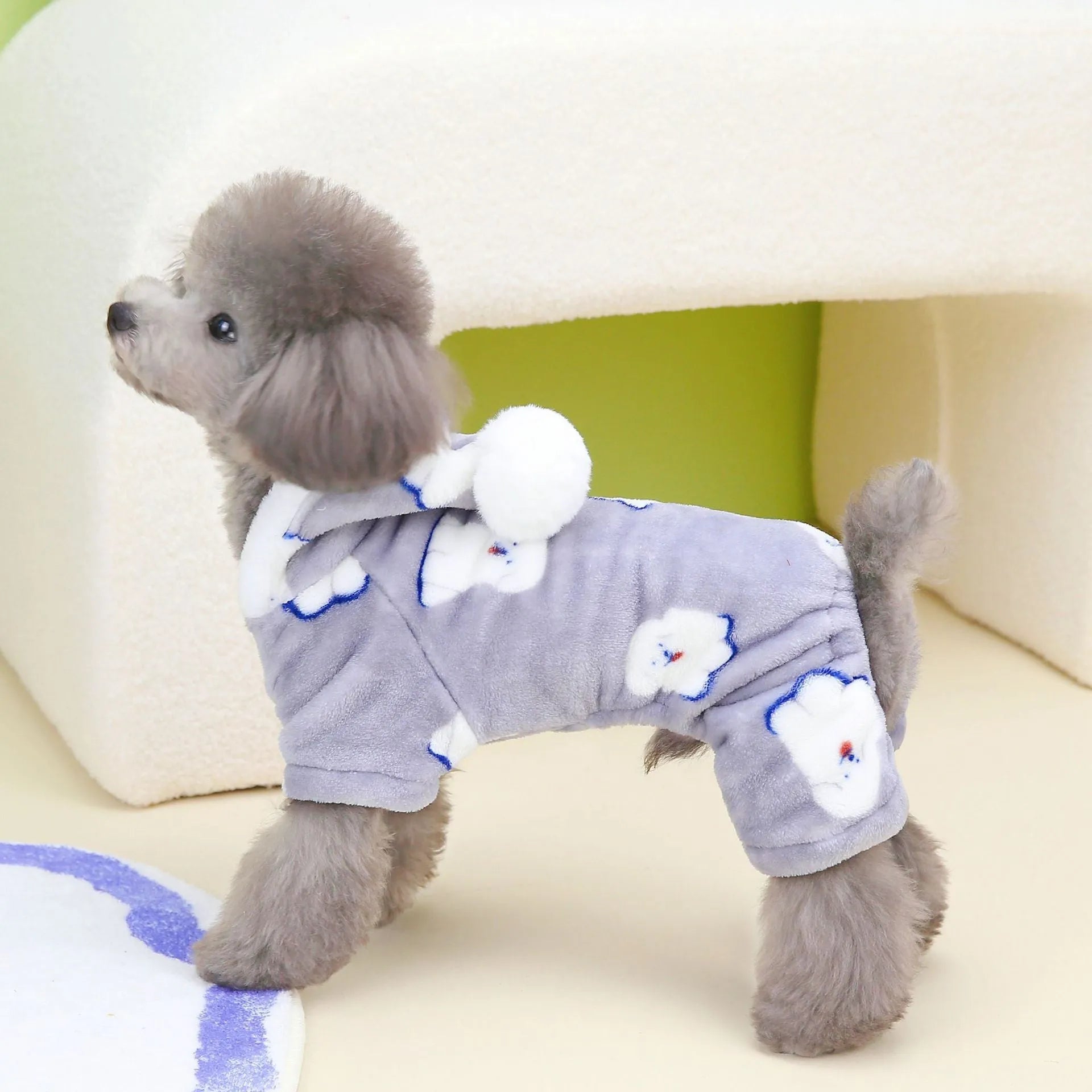 Four-legged dog puffa jacket in coral velvet, available in pink, blue, and gray, sizes S to XXL