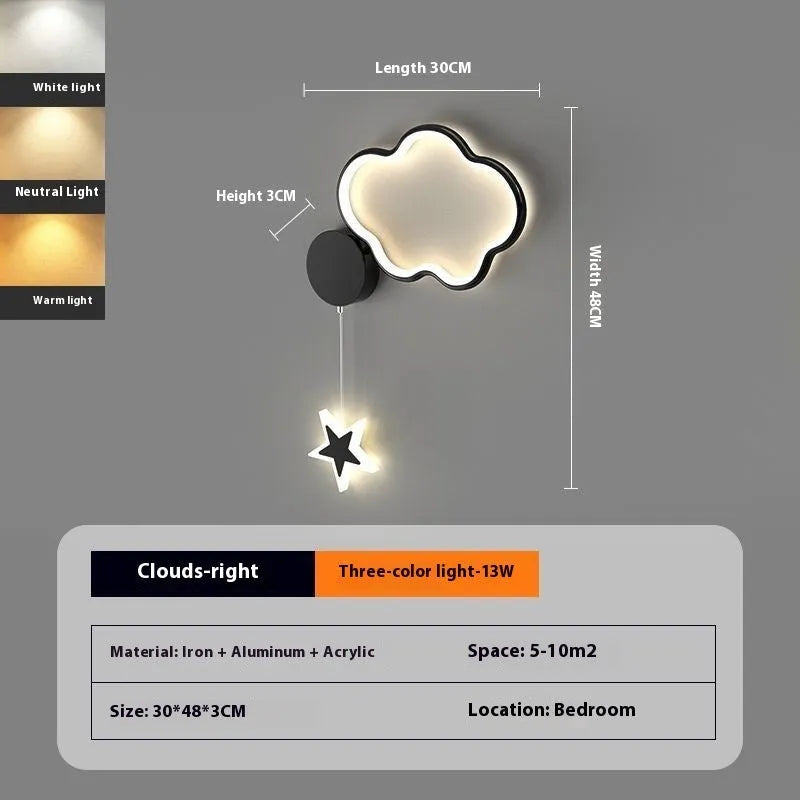 Children's cartoon cloud star wall lamp with LED light in black or white finish