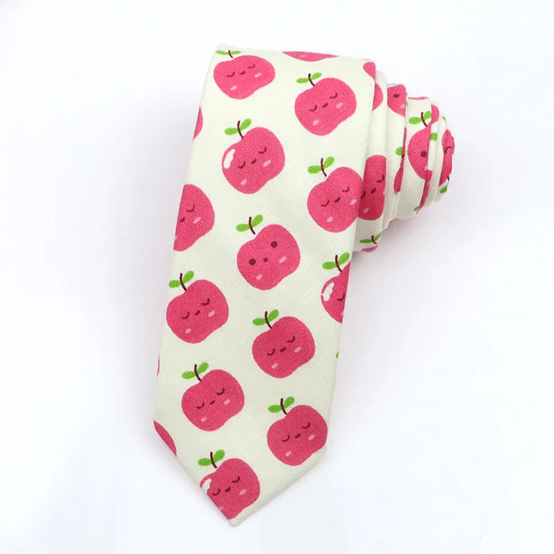 Narrow cotton bow tie with a printed cartoon pattern in a selection of colours.