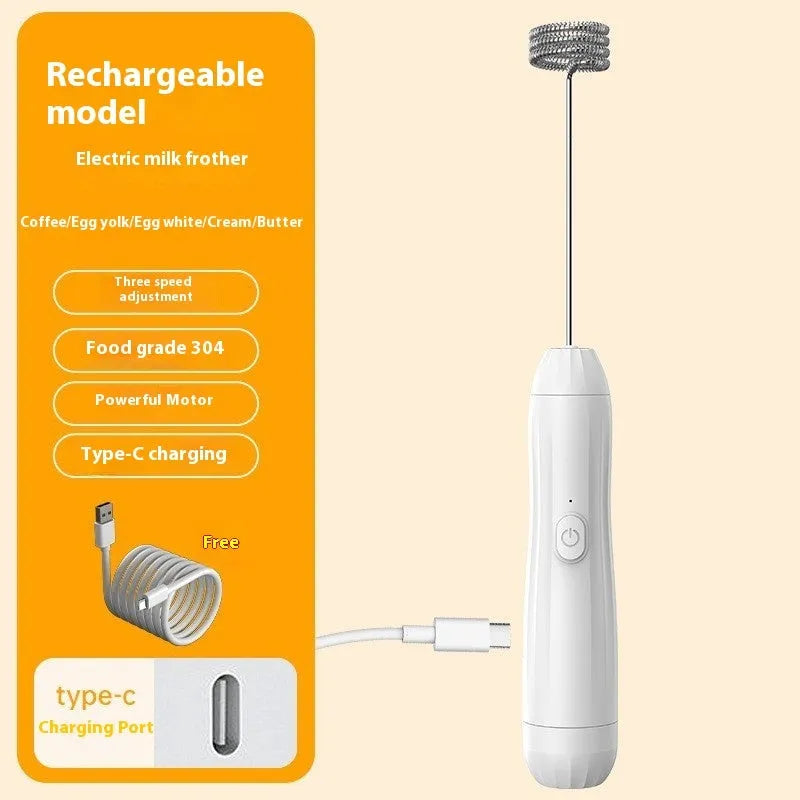 Mini handheld electric milk frother in black, white and khaki colours with USB charging