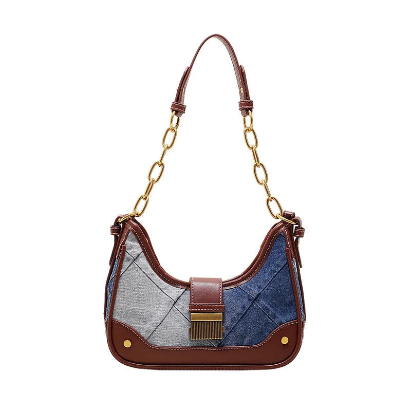 Women's brown denim shoulder bag with diamond chain accents and bucket shape design