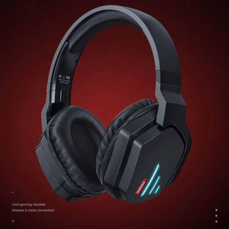 Luminous black wireless headphones with head-mounted design showing 3.5mm cable and dust bag