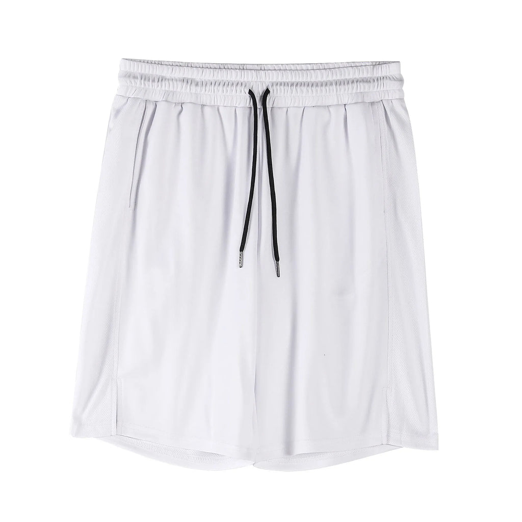 Men's black and white quick-dry mesh shorts with elastic waistband and loose fit