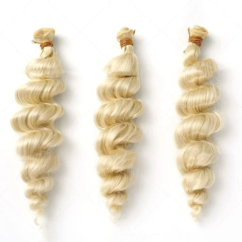 Golden synthetic hair weft wig showing length options on mannequin head