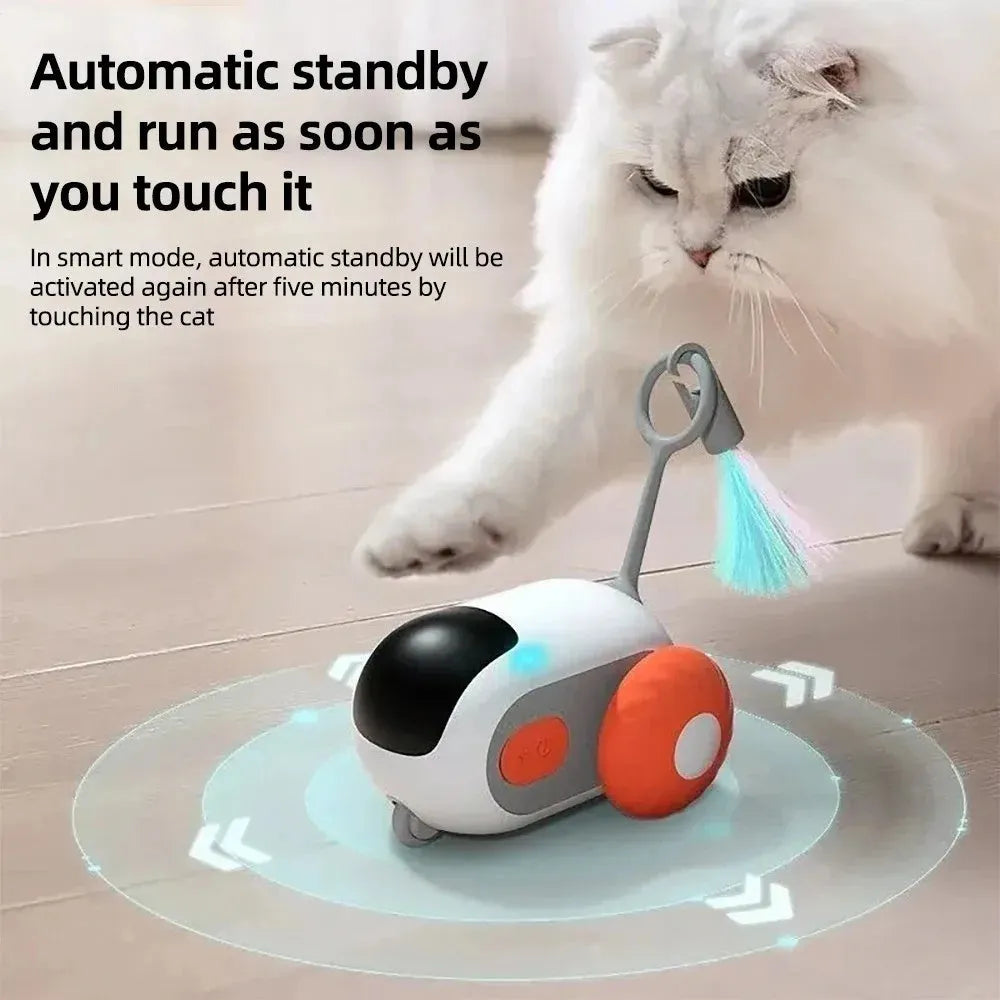 Smart cat toy car with remote control in blue colour showing feather teaser attachment and USB charging port