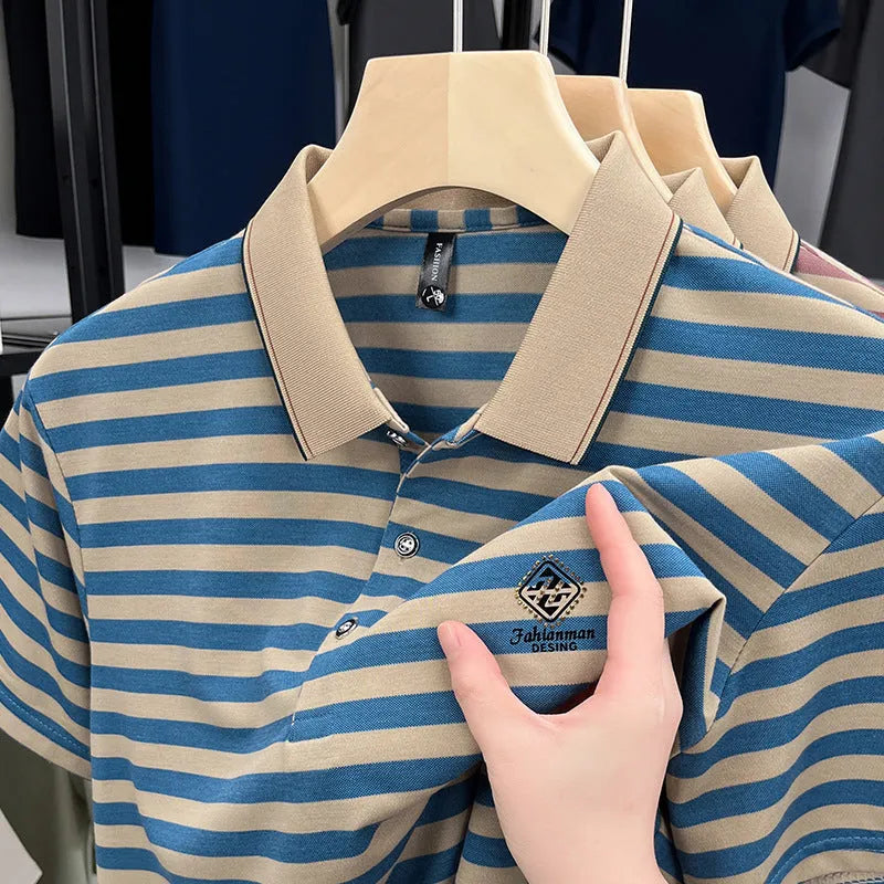Men's striped short sleeve shirt with mosaic pattern in red, blue, or green colours