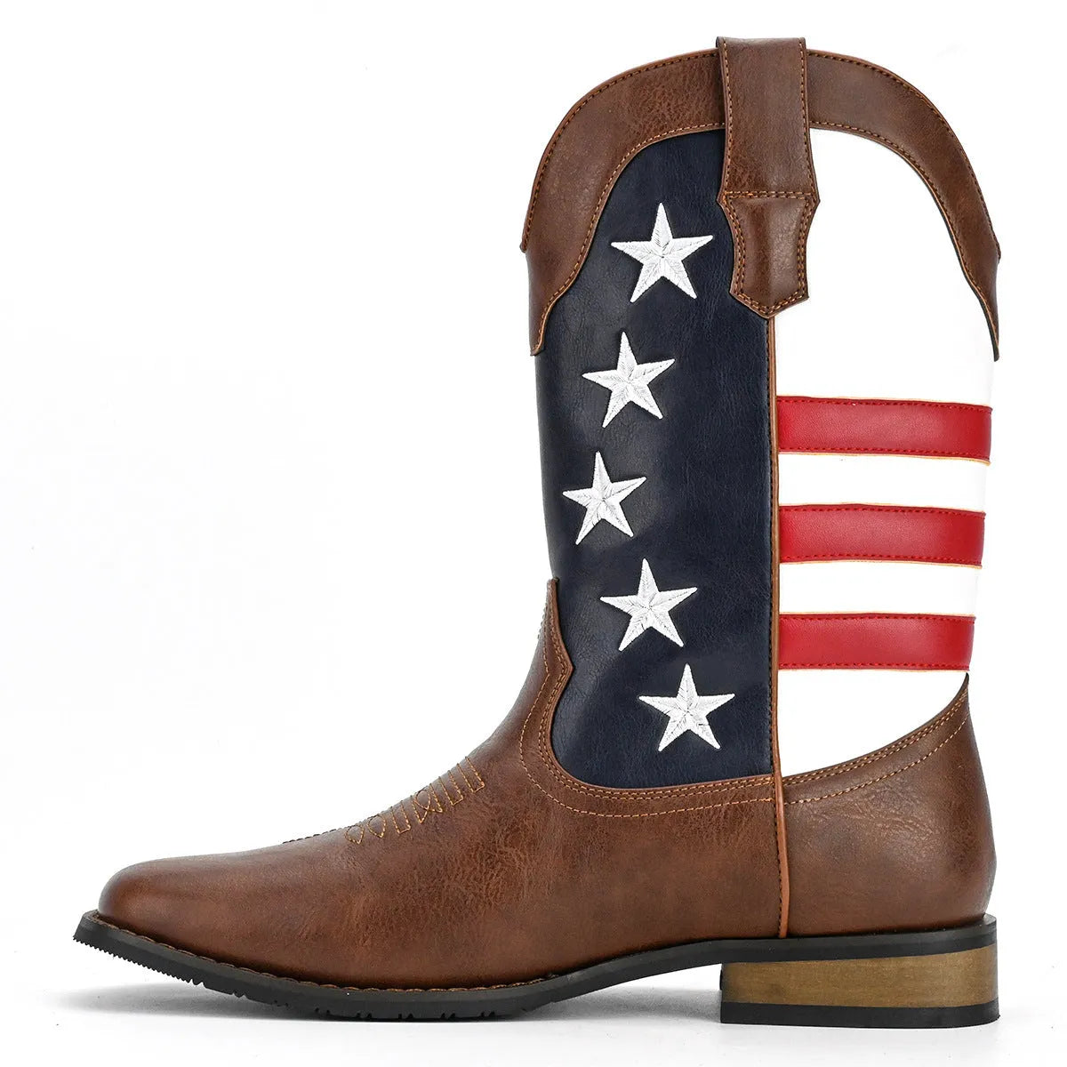 Men's black cowboy boots with a five-pointed star design and low square heel.