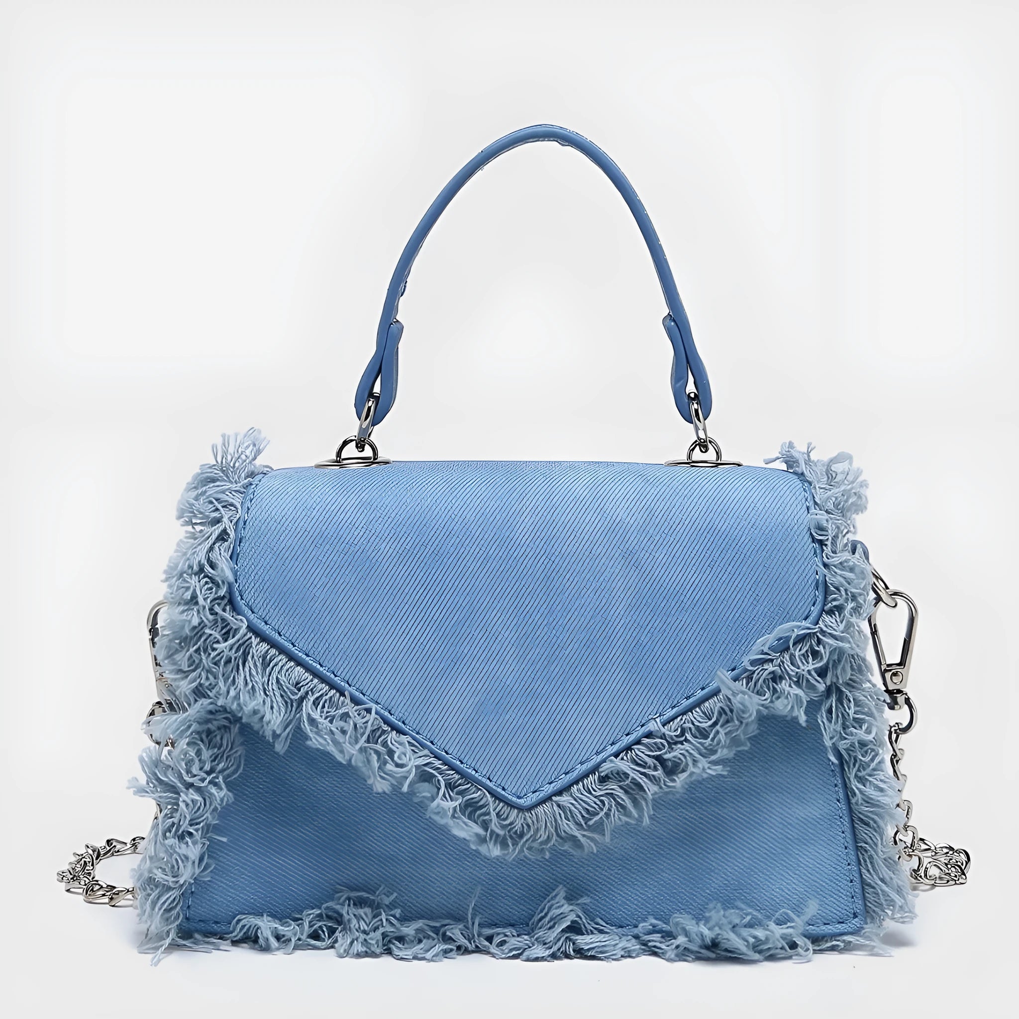 Retro tassel bag mini crossbody bag in denim blue colour, PU material, with tassel detail and crossbody strap.