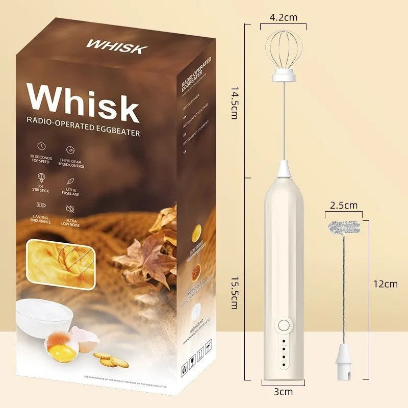 Mini handheld electric milk frother in black, white and khaki colours with USB charging