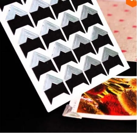 Five sheets of vintage corner stickers in black, gold, kraft paper, silver, and white colours, each sheet 12.5x9cm, total 120 stickers