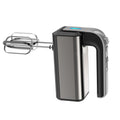 Silver mini electric handheld whisk with stainless steel beaters and 5-speed control