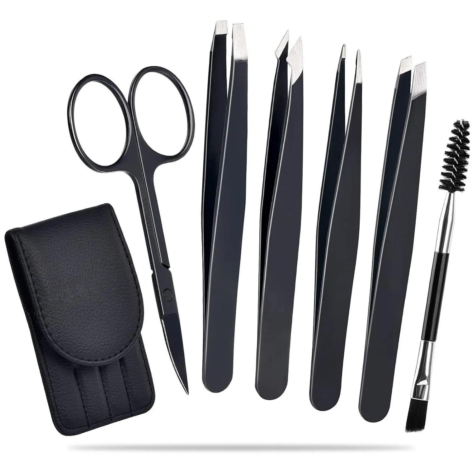 Professional six-piece stainless steel eyebrow tweezers set with curved scissors and leather case.