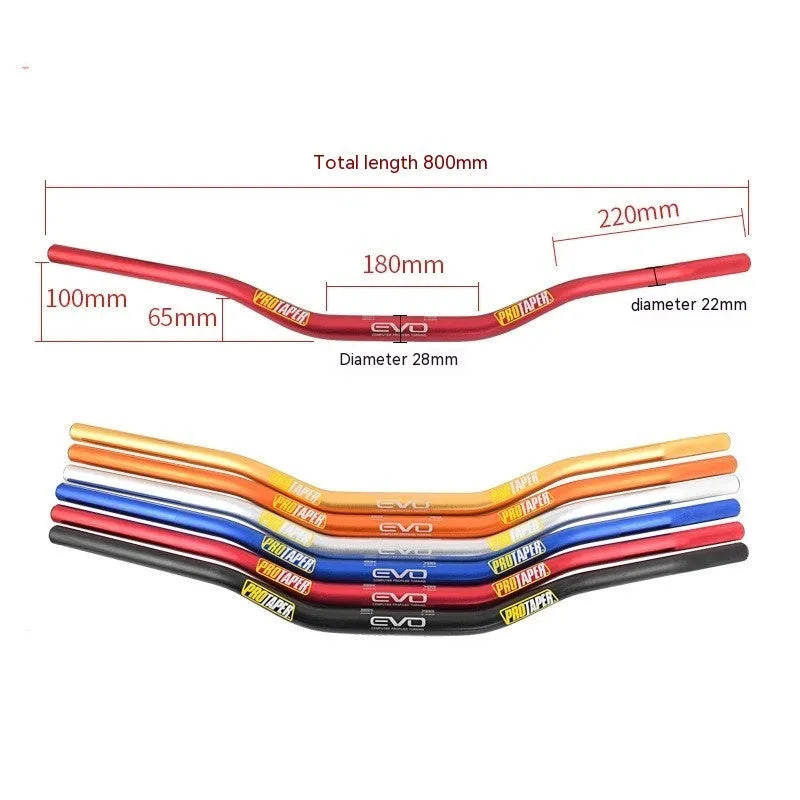 Orange aluminium alloy scrambling motorcycle handlebar with 28mm diameter, 80cm width, and 10cm rise.