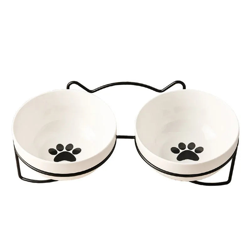 Ceramic cat bowl with iron stand in cat footprints or fishbone pattern design