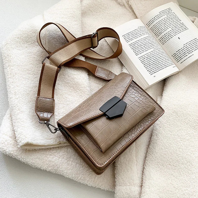 Vintage PU fabric crossbody bag showing dimensions and colour options