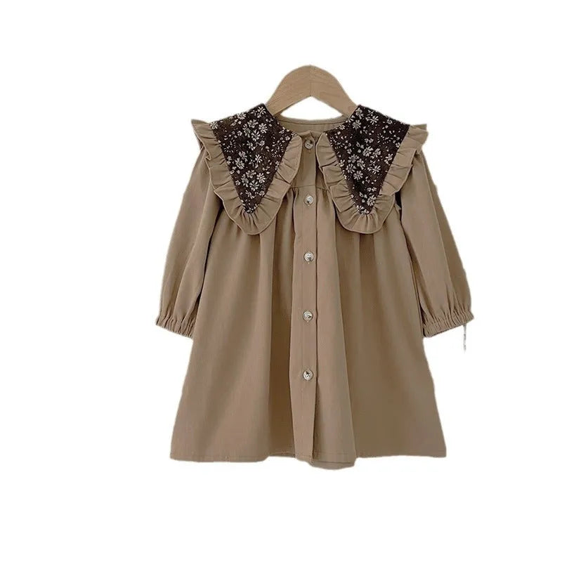 Toddler in long sleeve cotton romper dress with floral collar in brown, suitable height 90cm