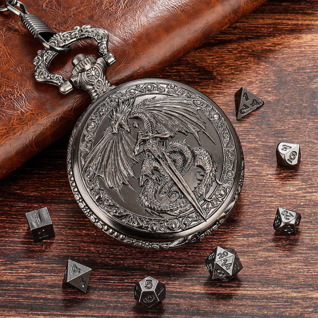 Zinc alloy DND dice storage case with winged beast and sword relief in bronze finish