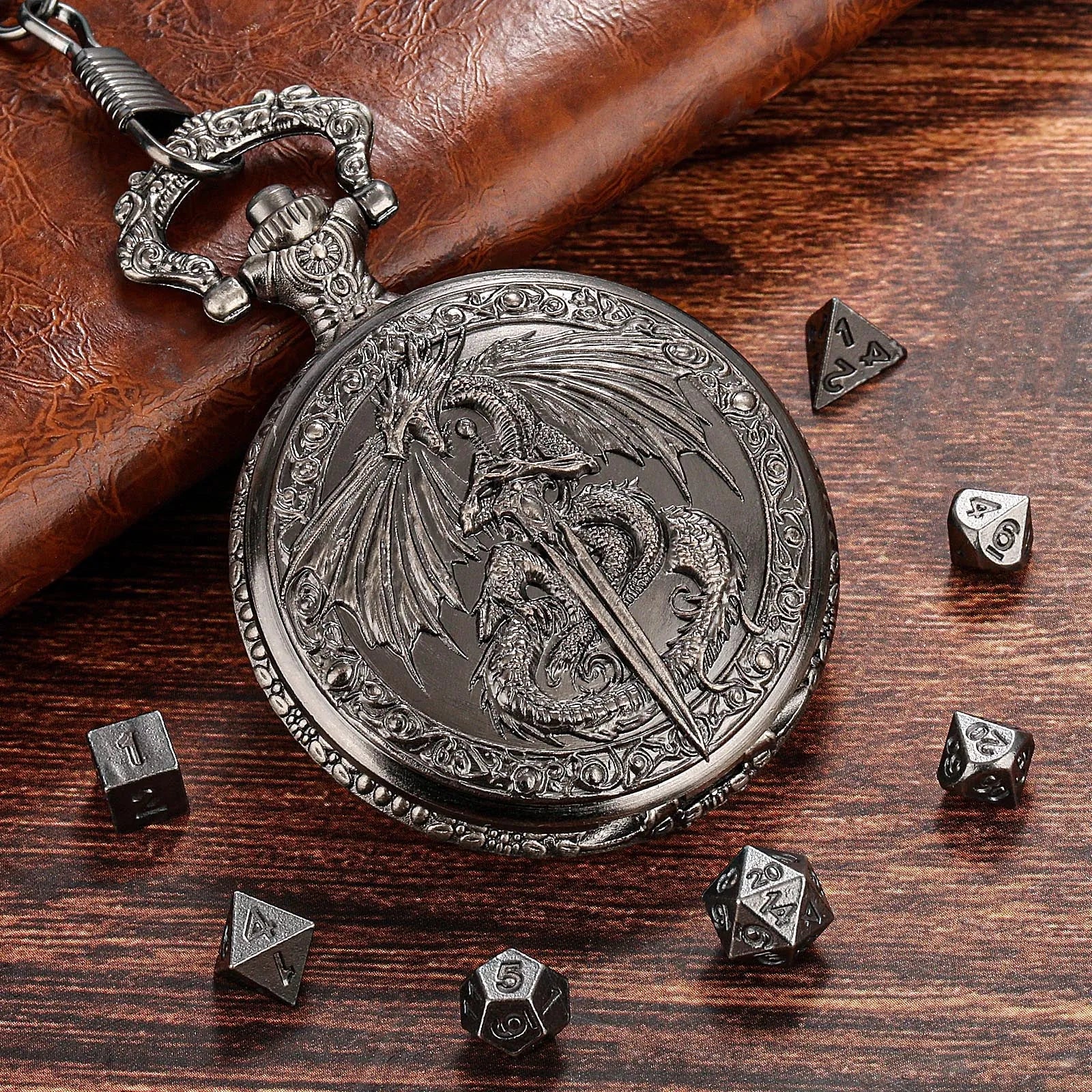 Zinc alloy DND dice storage case with winged beast and sword relief in bronze finish