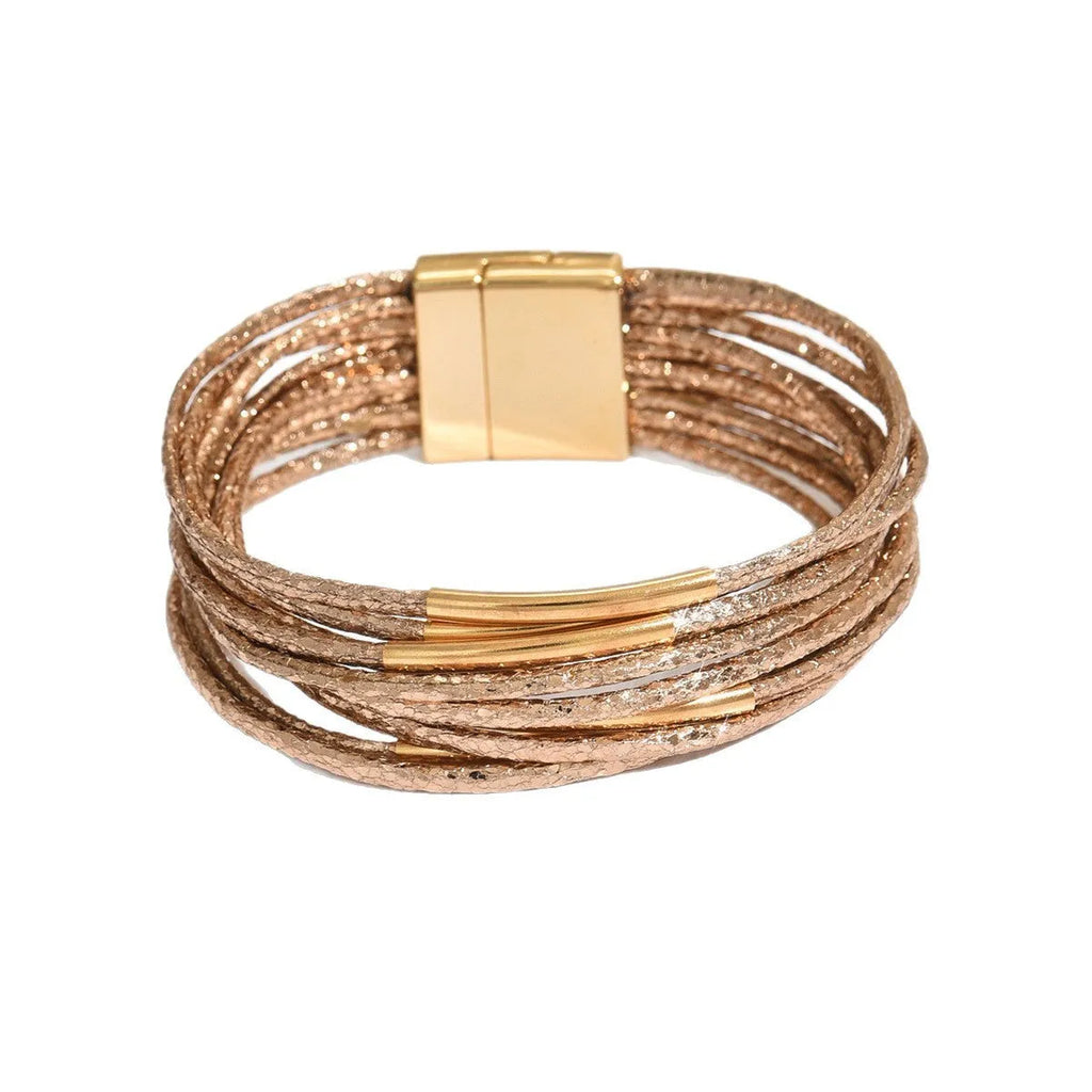 Multi-layer vintage leather bracelet with magnetic clasp, round alloy charms, in black colour