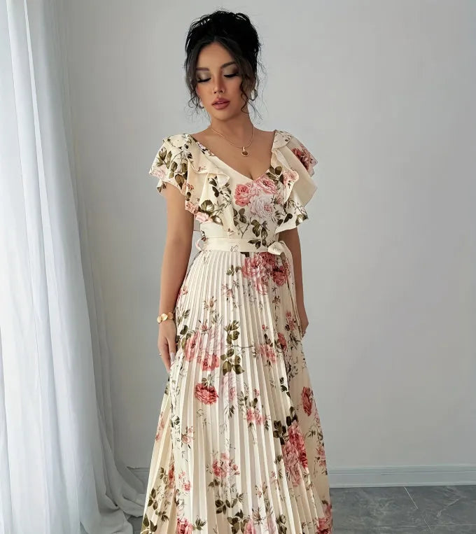 Apricot V-neck dress with digital floral print, ruffled short sleeves and oversized swing skirt