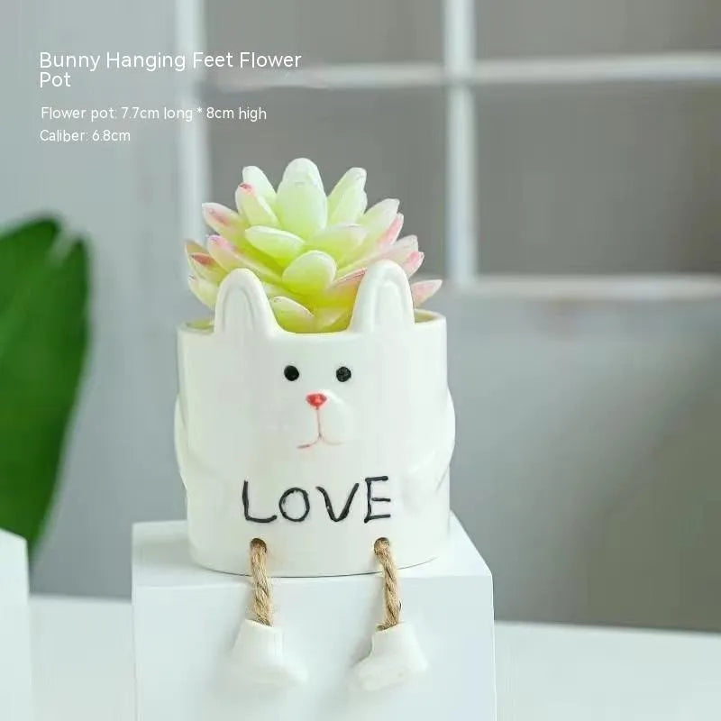 Ceramic hanging foot flowerpot with cartoon design in one of twelve colour variants for succulent plants