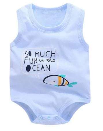 Sleeveless newborn baby vest romper in 100% cotton, Blue fox colour, size 66