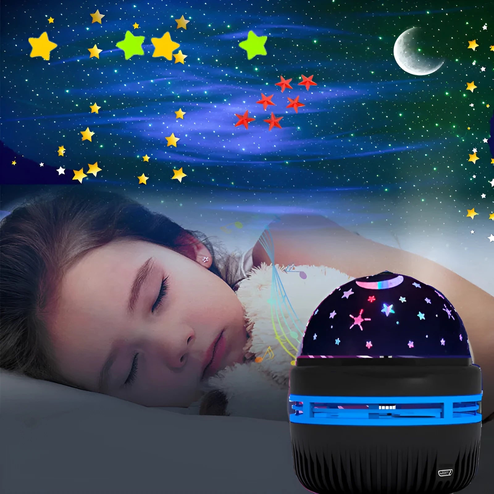 Mini crystal magic ball projector showing starry sky projection effects with USB cable