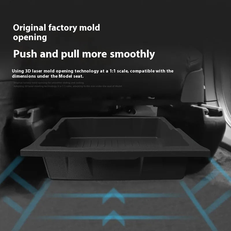 Black TPE under-chair storage box for Model Y with push-pull lid