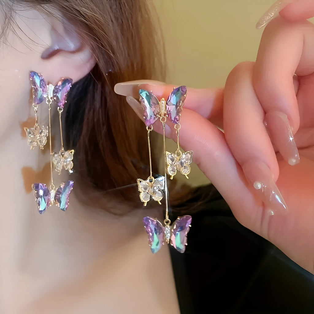 Silver needle blue purple butterfly tassel earrings with crystal flowers on alloy electroplated drop earrings