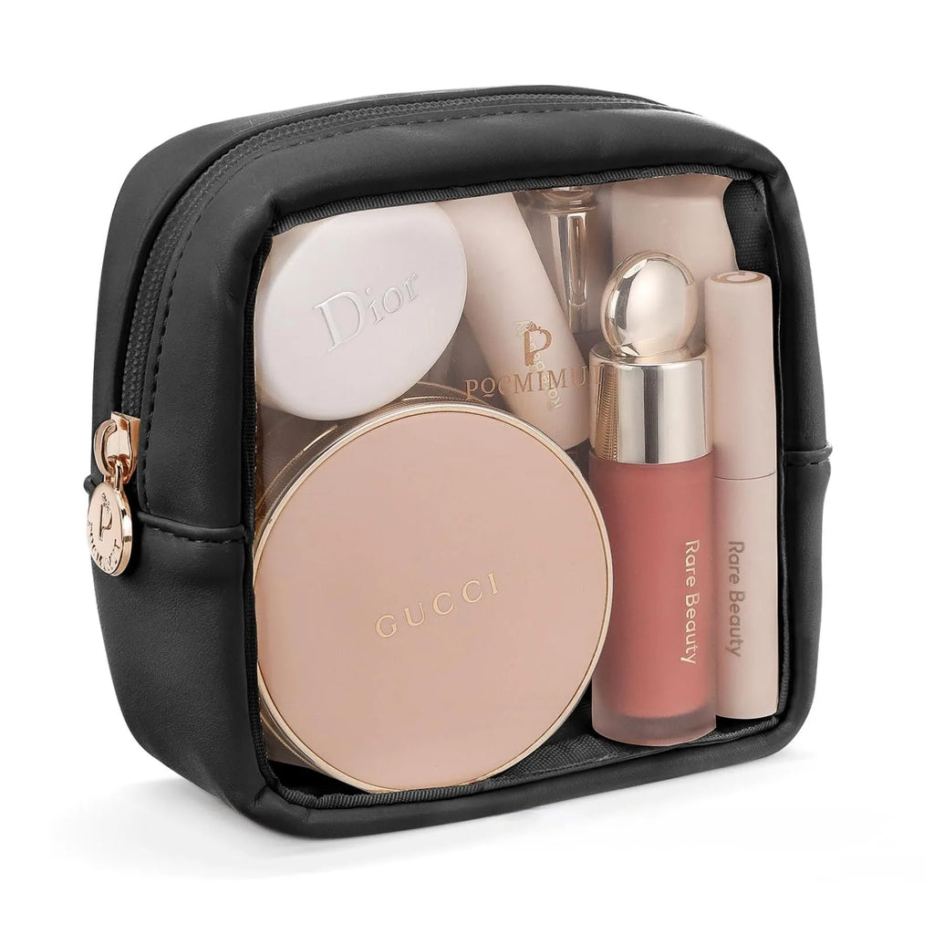 Clear PVC cosmetic bag with waterproof lining shown in a beige colour option.