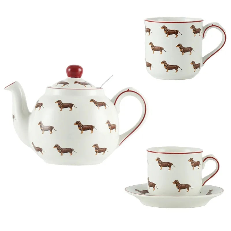 Ceramic sausage dog teapot mug cup and saucer three-piece set on table
