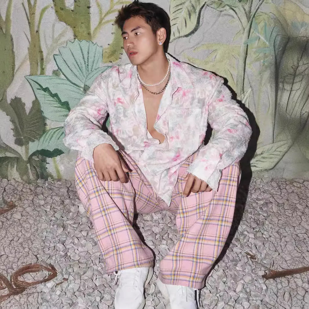 Men's floral long sleeve shirt with embossed three-dimensional pattern in pink colour option