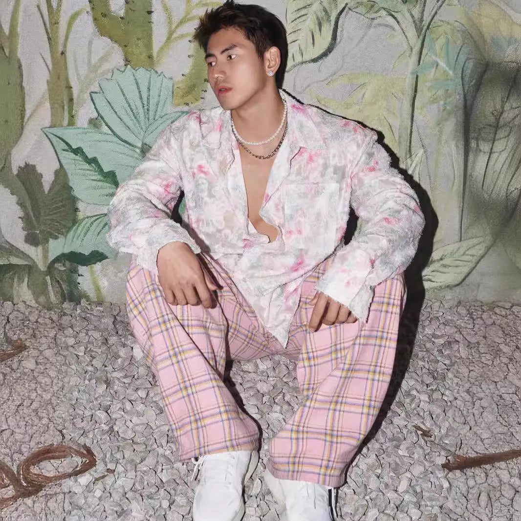 Men's floral long sleeve shirt with embossed three-dimensional pattern in pink colour option